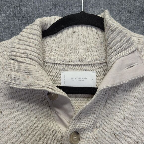 Lucky Brand Sweater Mens Medium Oatmeal Wool Blend Mock Neck Henley Donegal - Picture 2 of 10